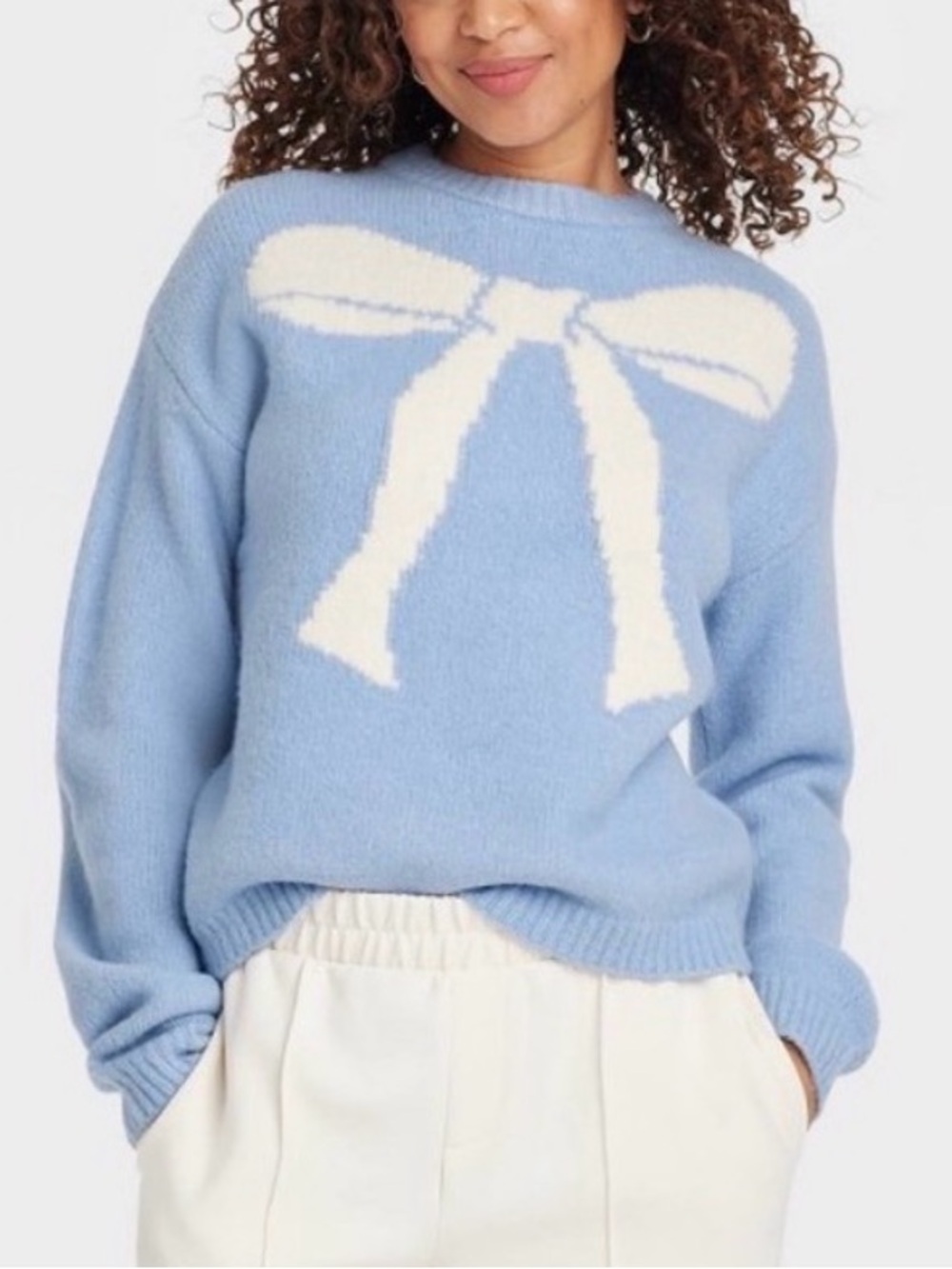 a new day Powder Blue Crewneck Sweater with White Bow